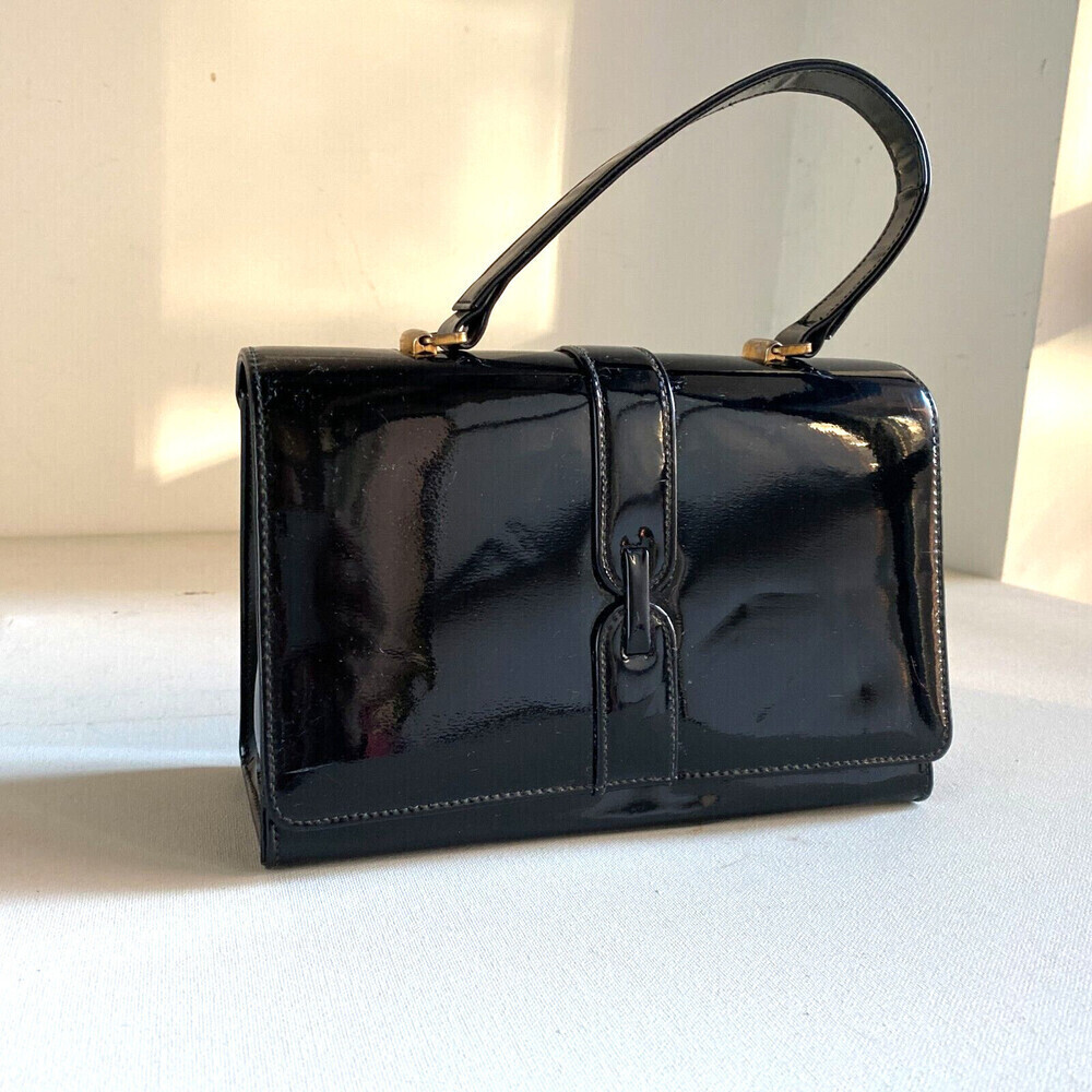 Vintage Black Paten Leather Small Box Structured Top Handle Bag